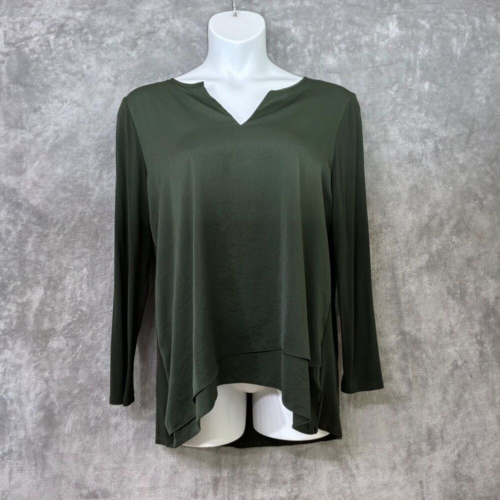 Soft Surroundings Tunic Top L Green Mixed Media Ribbed Knit Minimalist Layering